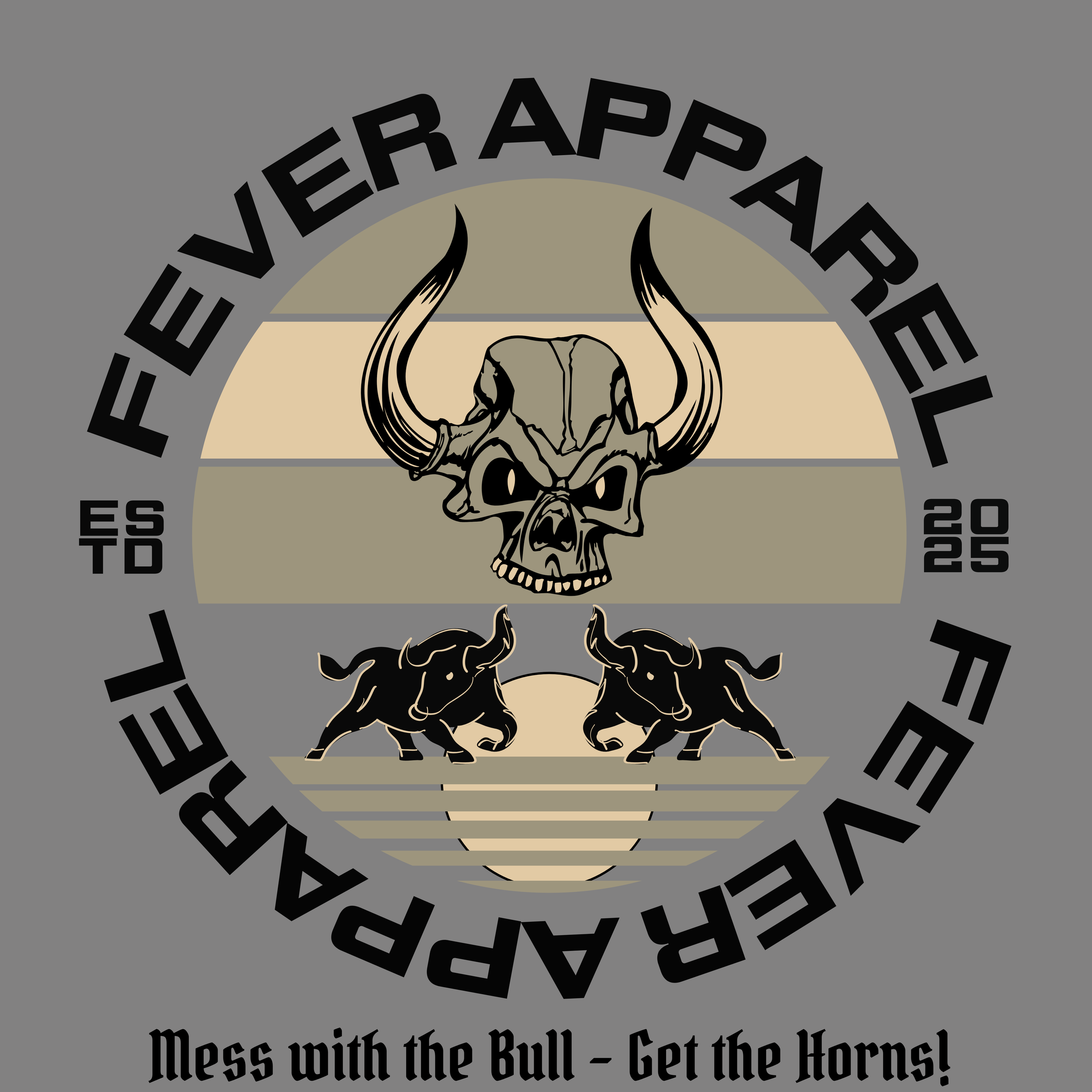 Motorcycle club logo featuring a bull skull with horns at the top, two buffaloes face to face below, and the text "Forever Apparel" curved around the top, with "Mess with the Bull - Get the Horns!" at the bottom. Background has horizontal stripes in
