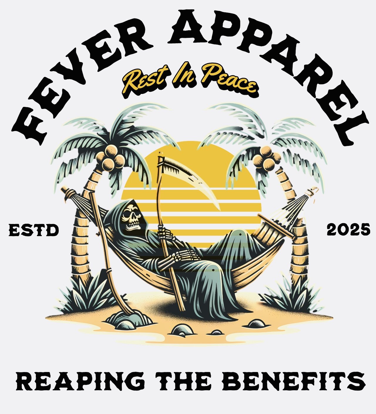 A graphic design featuring a skeleton lying in a hammock between two palm trees with coconuts. The background shows a setting sun with horizontal stripes. The text above reads "FEVER APPAREL" with "Rest In Peace" in smaller font below. On the sides,
