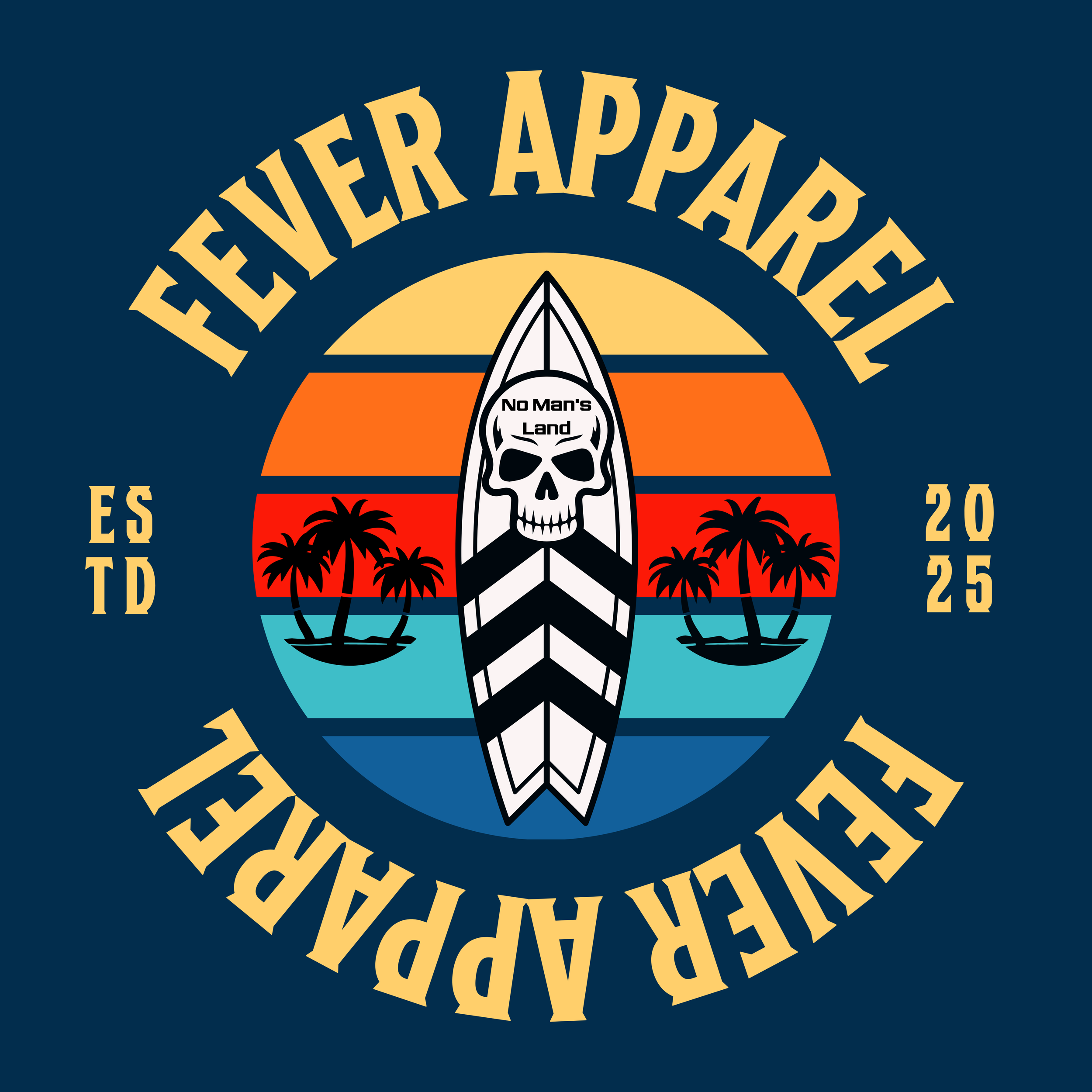 A graphic logo with a circular design featuring a skull with the words 'No Man's Land' on its forehead, a surfboard, and a background with colorful stripes, palm trees, and text that reads 'FEVER AERIAL' at the top and bottom, with 'EST 2025' on the