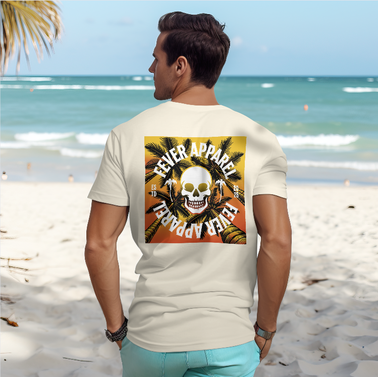 Man standing on the beach wearing a white t-shirt with a skull and palm tree design, saying 'FEVER APACHE, FUTURE APACHE.'