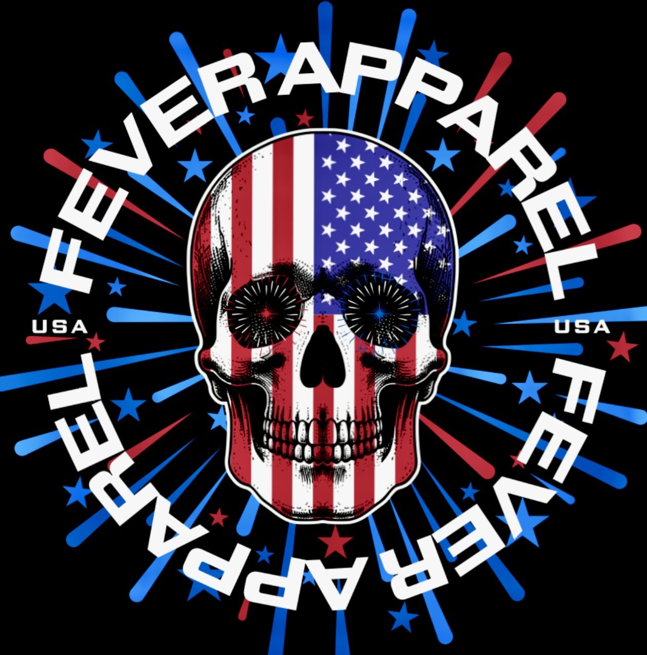 Skull with American flag pattern and fireworks, text reads 'Forever Patriot' and 'USA'