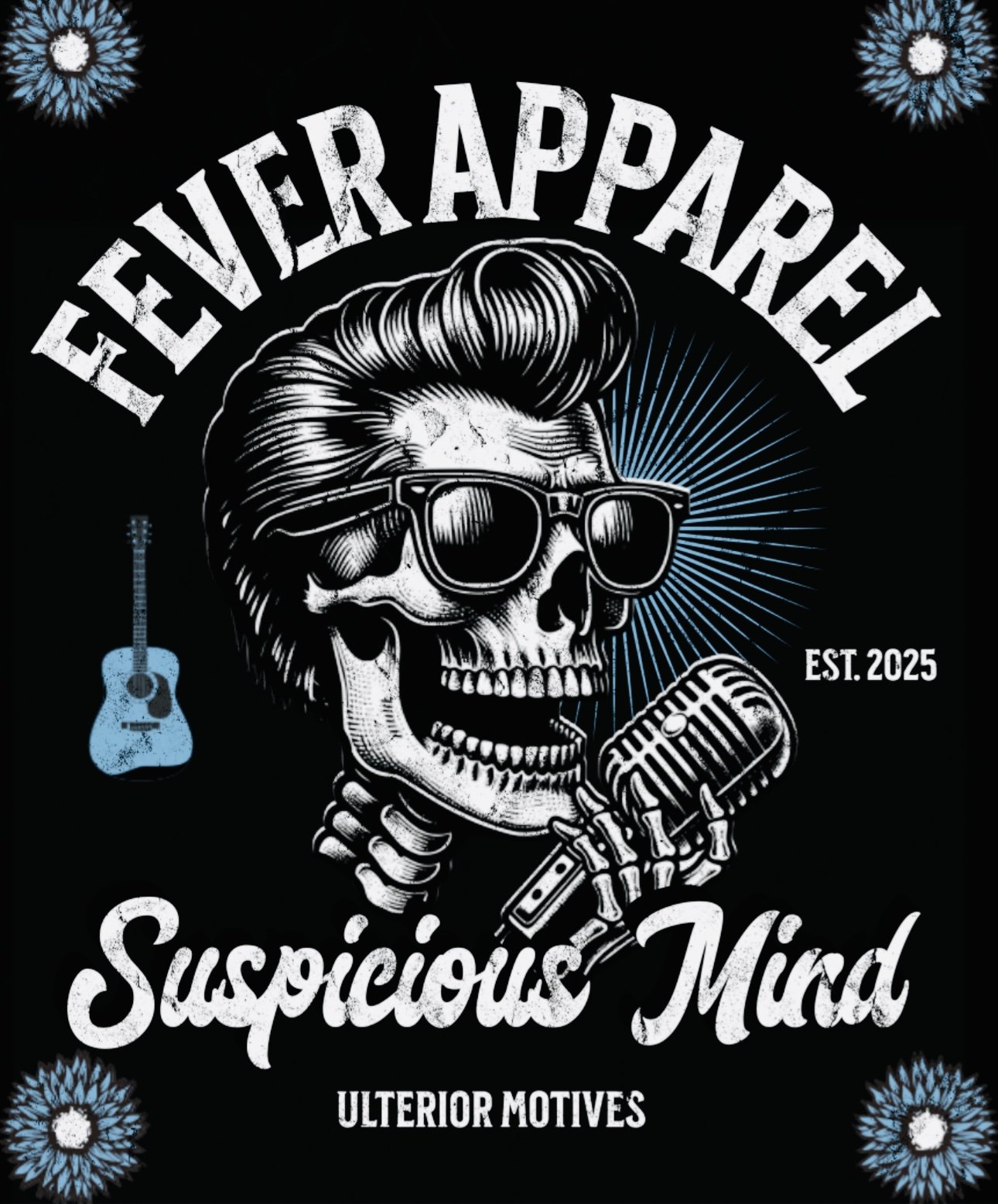 A skull wearing sunglasses singing into a microphone, with text reading 'Forever Appeal', 'Suspicious Mind', 'Ulterior Motives', and 'Est. 2025', against a black background with blue decorative elements and a small blue guitar.