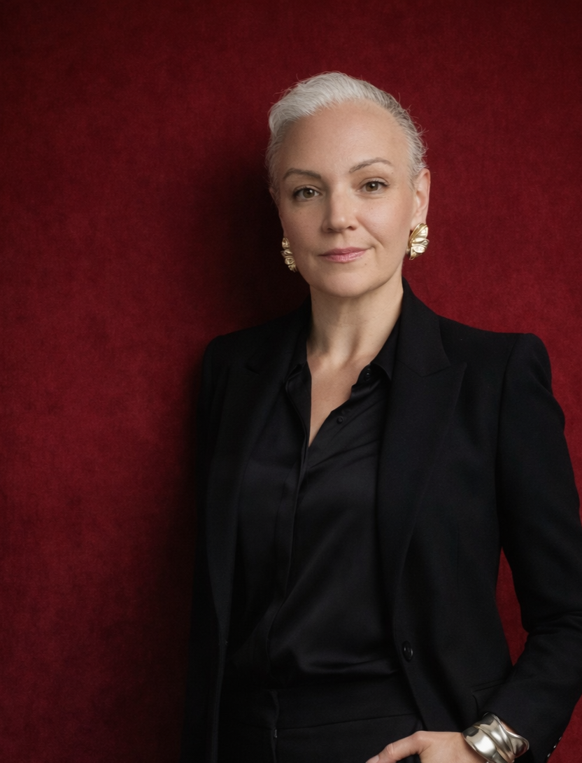 A woman with short white hair, wearing a black blazer and black shirt, standing against a red background, with gold earrings and a gold bracelet.
