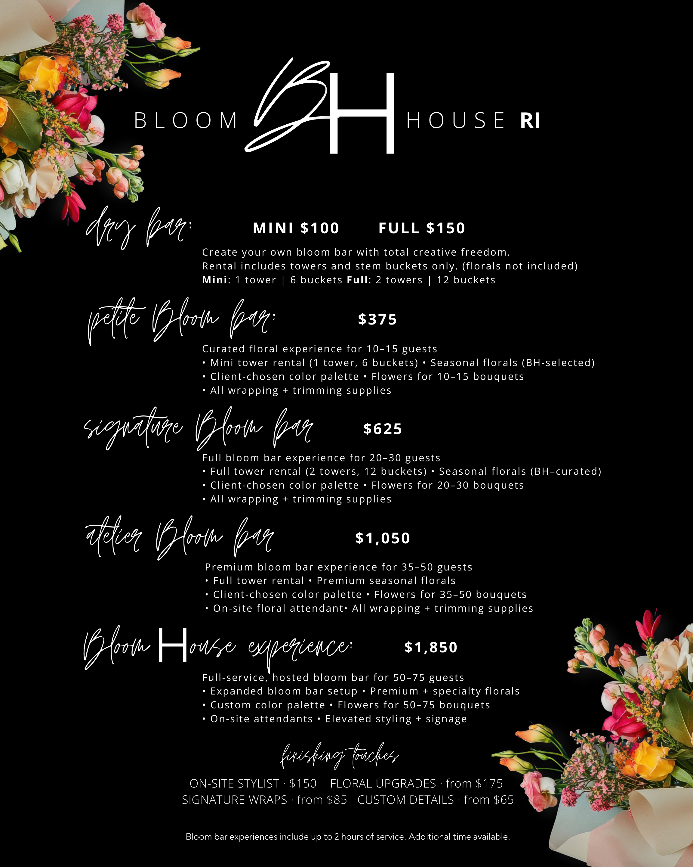 Pricing and packages for Bloom House Rhode Island floral services displayed on a black background with floral arrangements on the sides.
