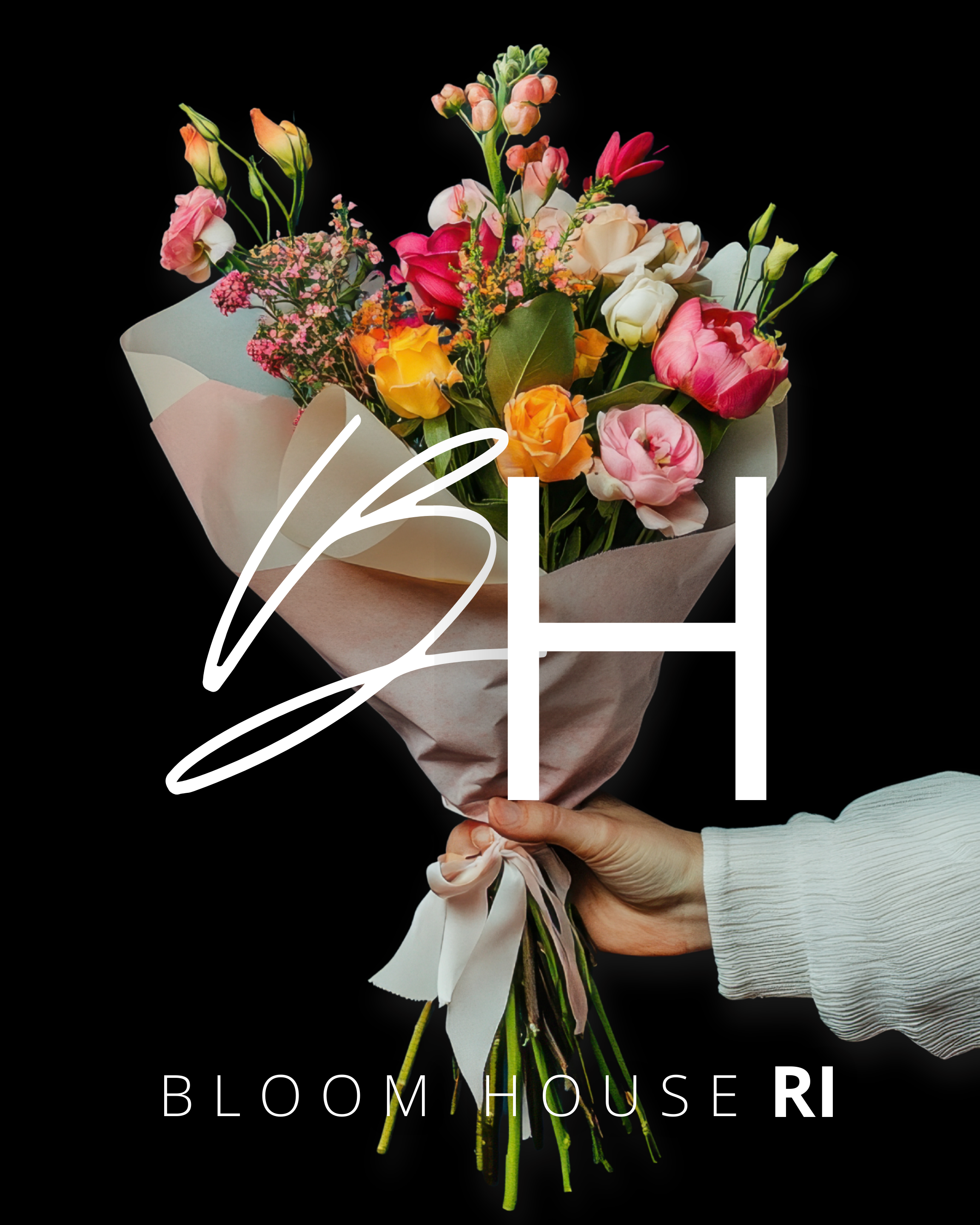 A hand holding a bouquet of colorful flowers against a black background with white overlay text that says '6H' and 'BLOOM HOUSE RI'.