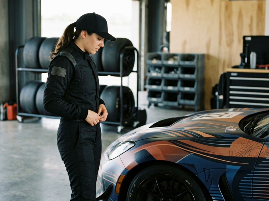 Custom motorsports vehicle wrap on a race car with driver preparing in the garage.