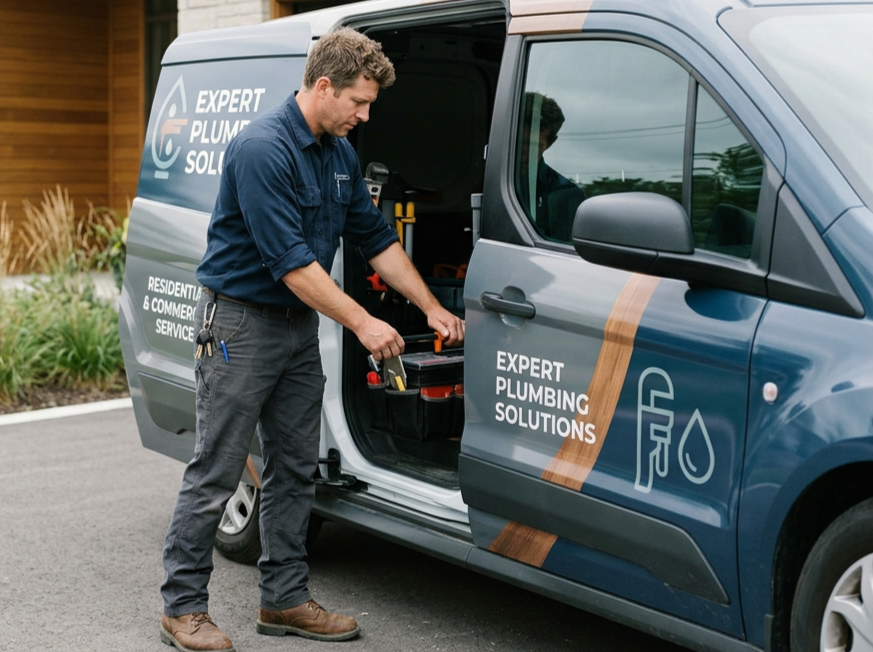 Plumber with a professionally branded service van featuring a custom commercial vehicle wrap.