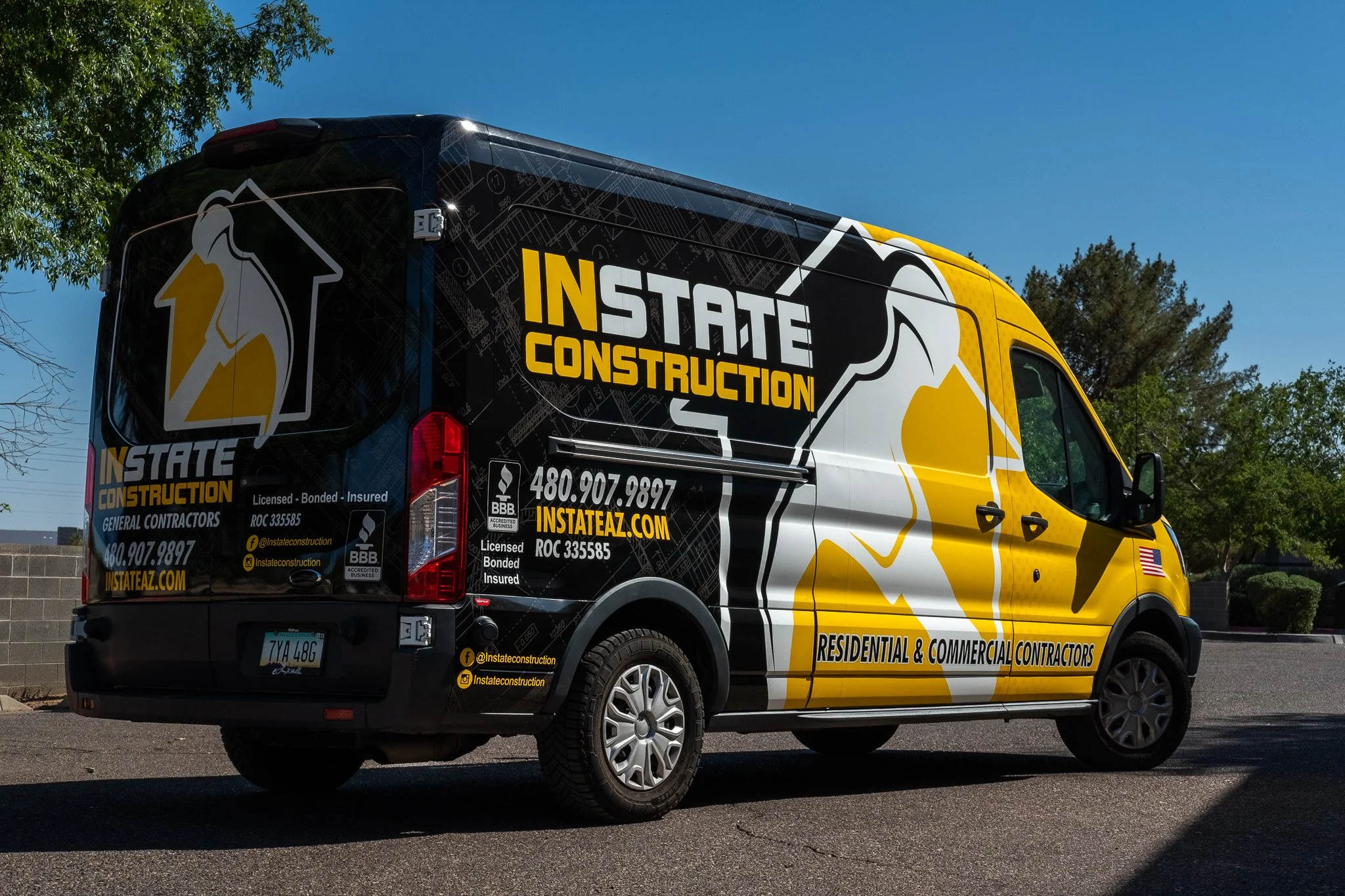 Instate Construction rebrand and full wraps on 2019 ford transit vans