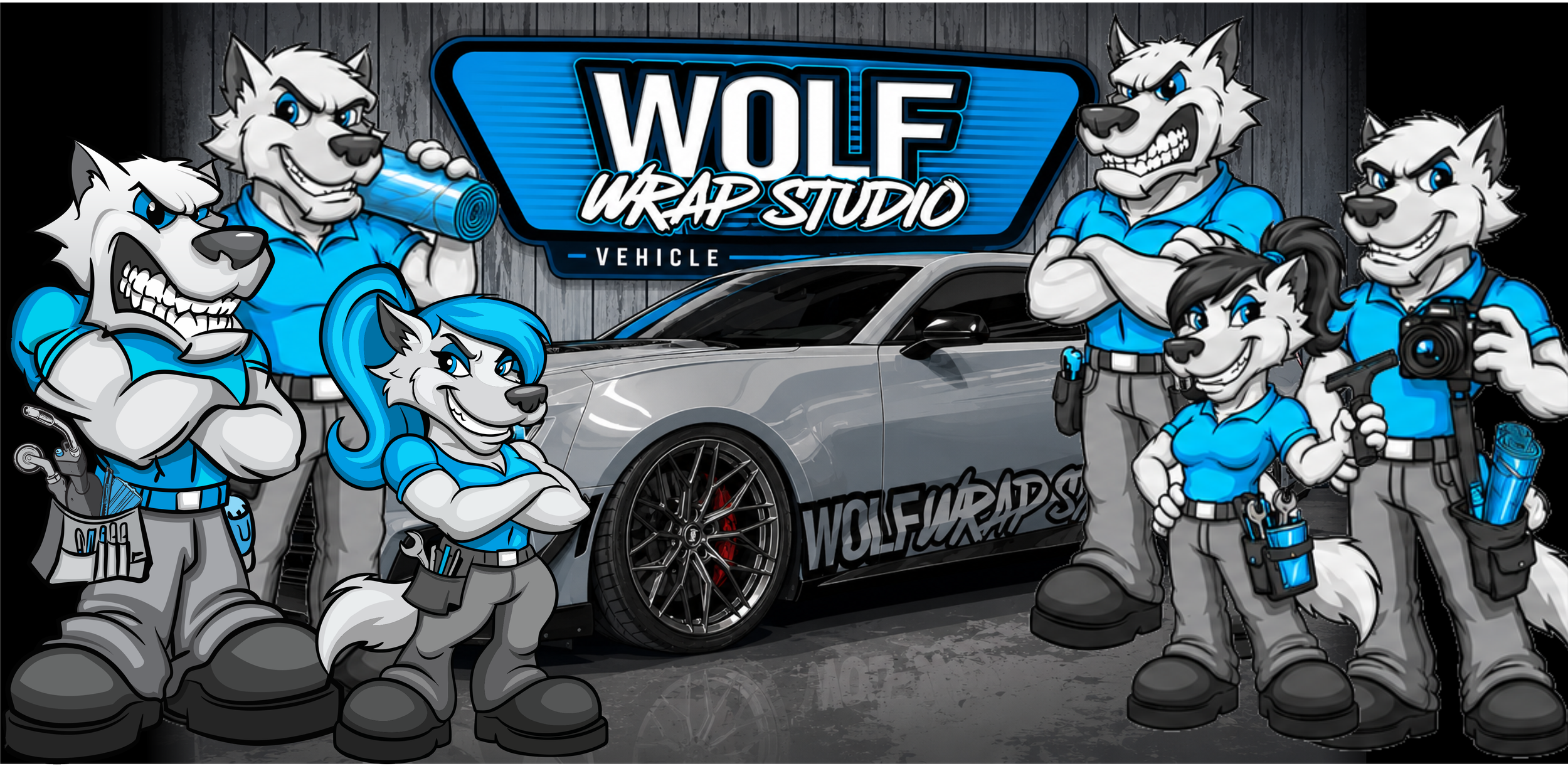Wolf Wrap Studio team mascots standing in front of a custom wrapped Chevrolet Camaro