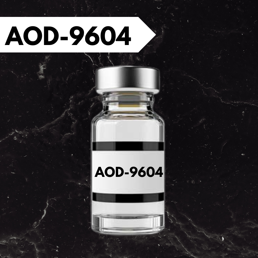 A small glass vial with a silver cap, labeled AOD-9604, on a green textured background.