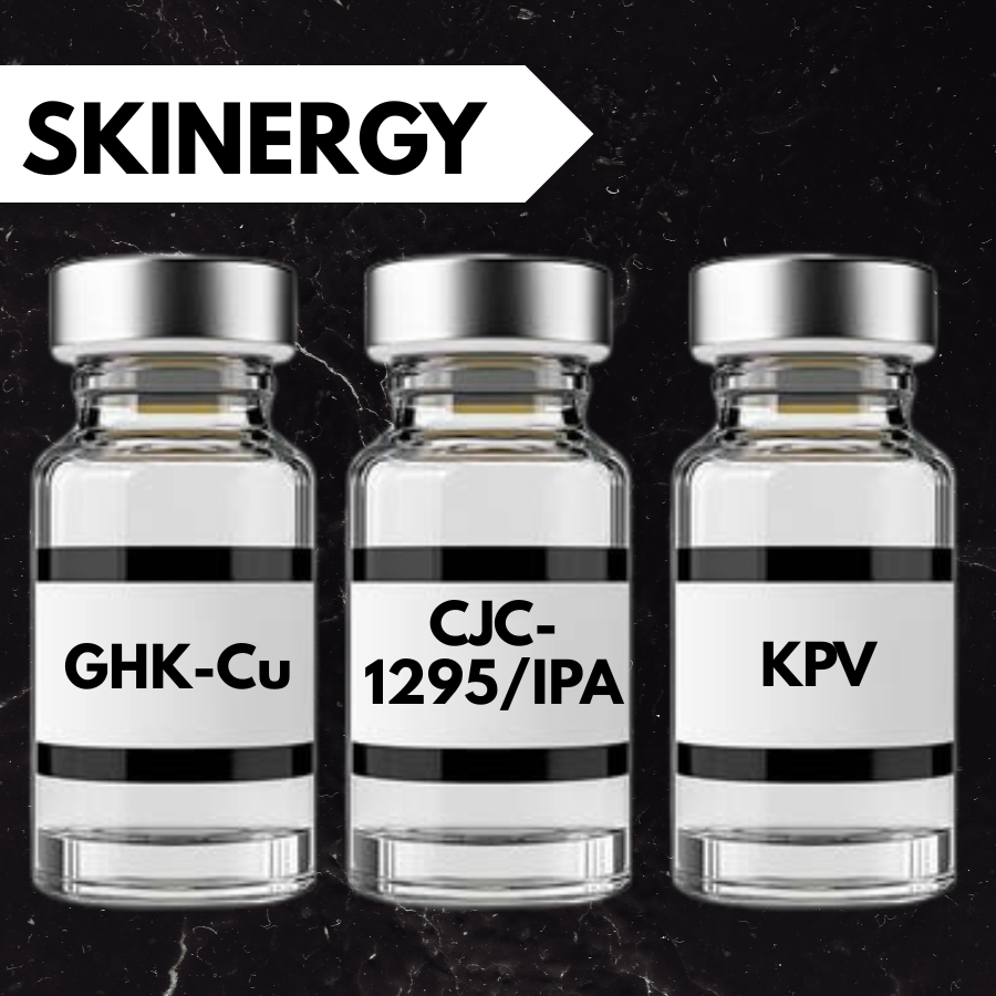 Three glass vials labeled GHK-Cu, CJC-1295/IPAA, and KPV on a green background, with a black banner displaying the word 'SKINERGY' at the top.