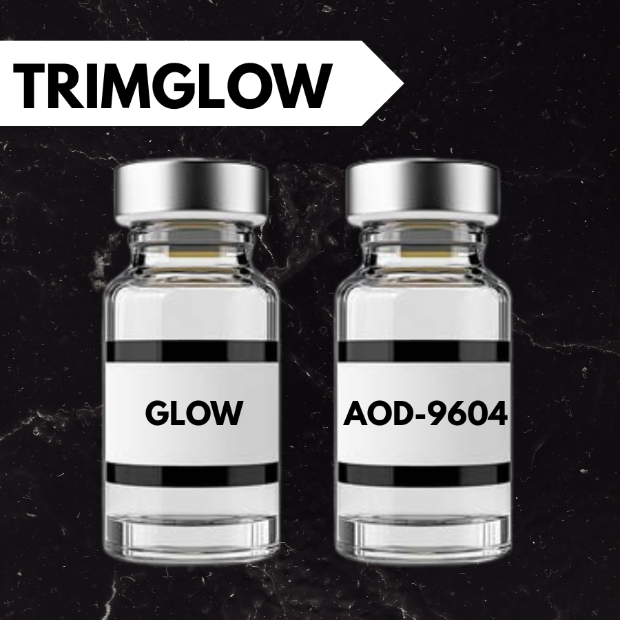 Two small glass vials, each with a silver cap and labeled with black bars, contain cosmetic products. The left vial is labeled 'GLOW' and the right vial is labeled 'AOD-9604'. The background is a textured green surface, and there is a black banner in the top left corner with the word 'TRIMGLOW' in white text.