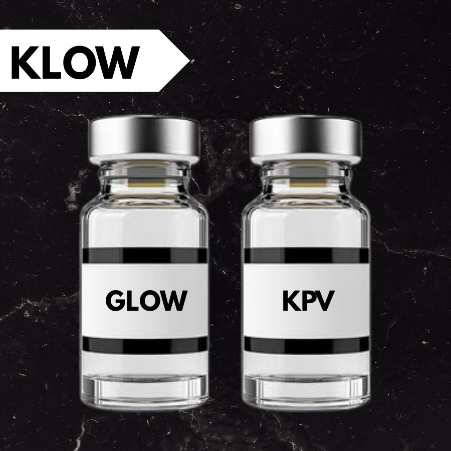 Two small glass vials with silver caps labeled 'GLOW' and 'KPV' against a green background, with a black label saying 'KLOW' in the top left corner.