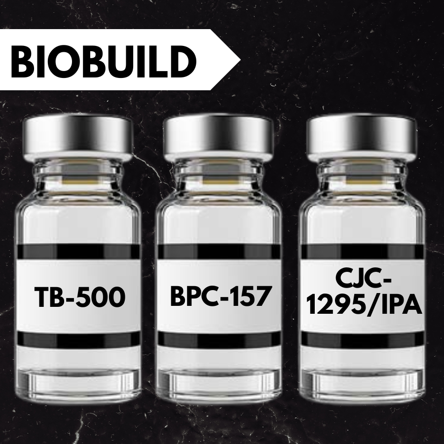 Three small glass jars labeled TB-500, BPC-157, and CJC-1295/IPAA, with black and white labels, set against a green background, under a black banner with the word 'BIOBUILD' in white capital letters.