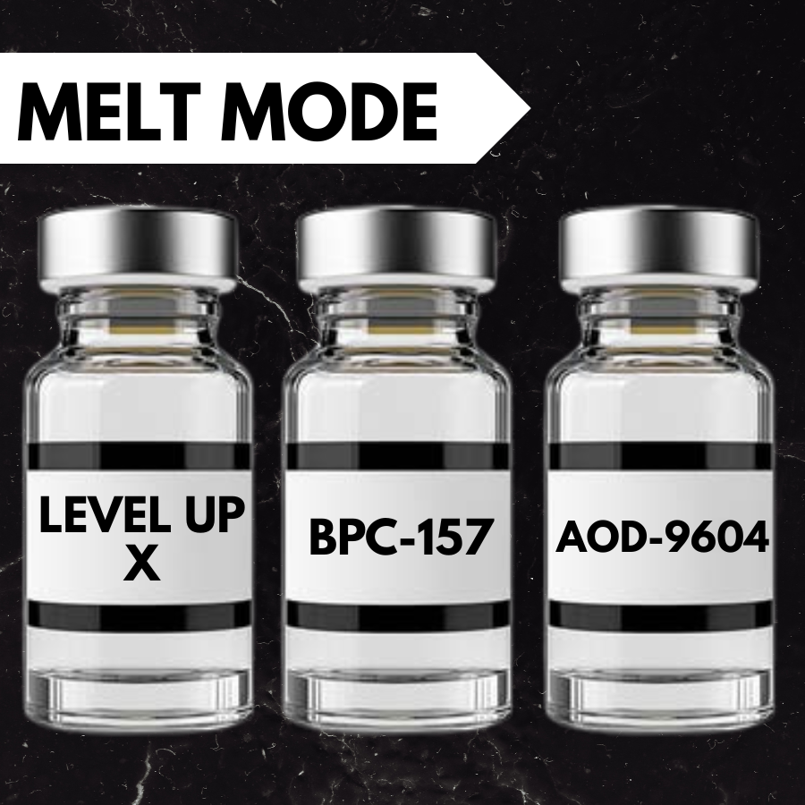 Three small pharmaceutical vials labeled MELT MODE, with the first labeled LEVEL UP X, the second labeled BPC-157, and the third labeled AOD-9604, set against a textured green background.