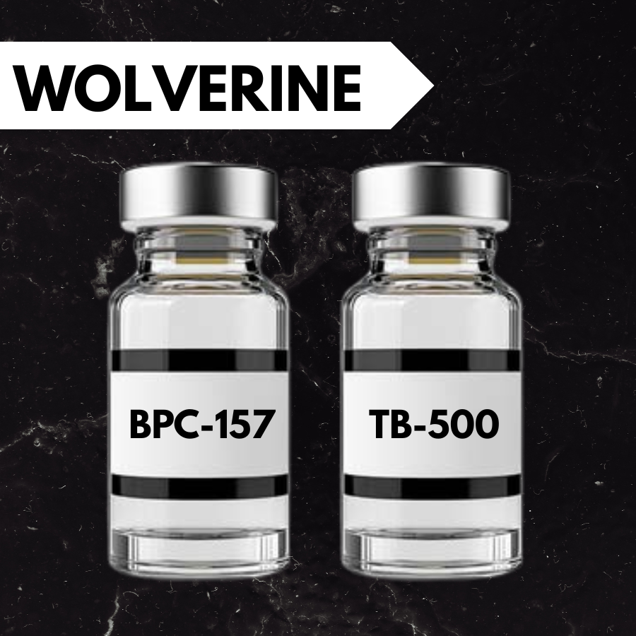 Two glass vials labeled 'BPC-157' and 'TB-500' against a green background, with a banner at the top reading 'Wolverine'.