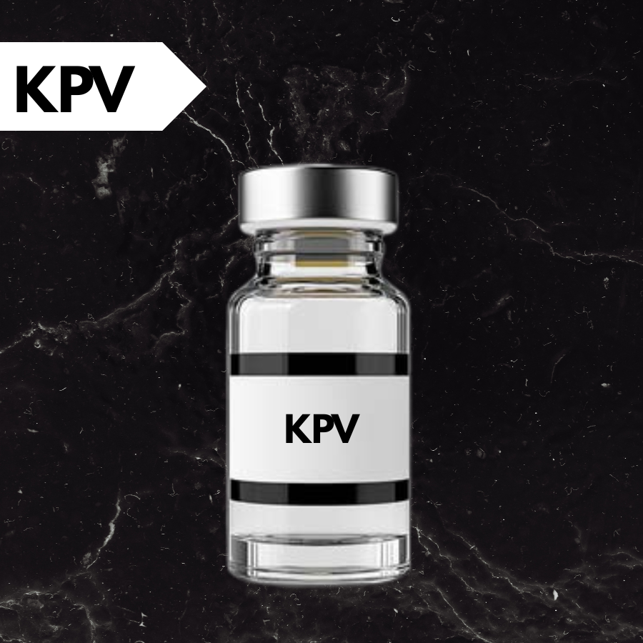 A small glass vial with a silver cap, labeled with the acronym "KPV", placed on a green textured background.