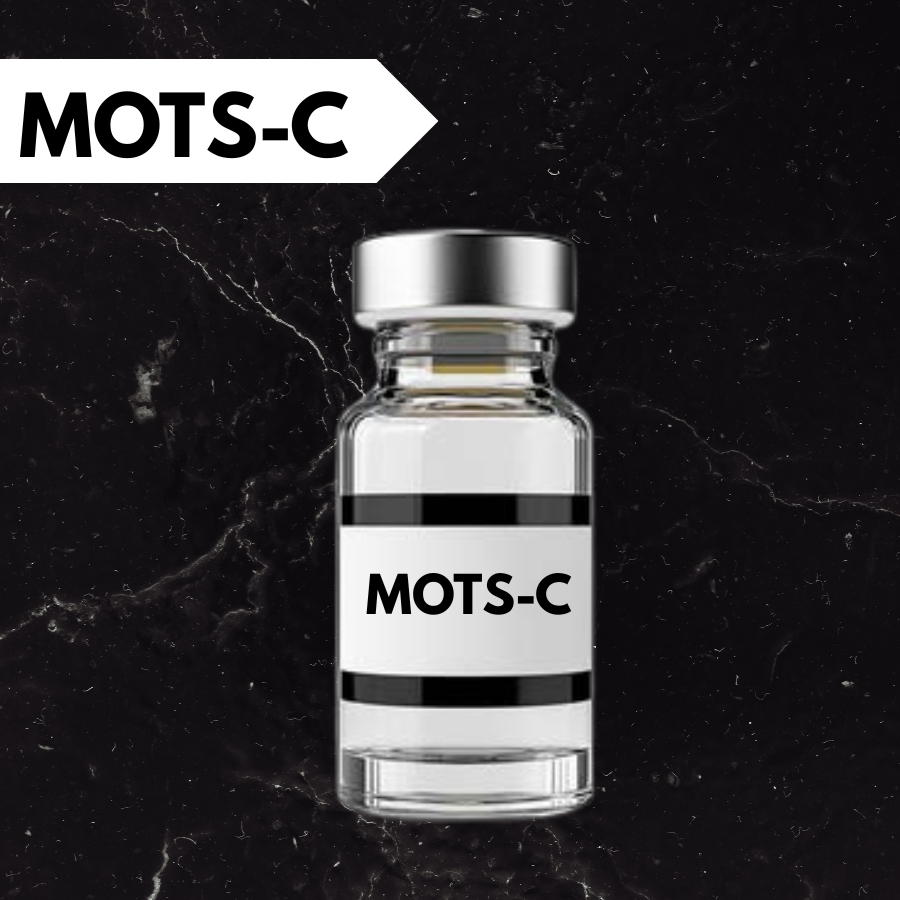 A glass vial labeled 'MOTS-C' with a silver cap, set against a green background. A label with 'MOTS-C' in black text is attached to the vial, with black borders on the top and bottom of the label.