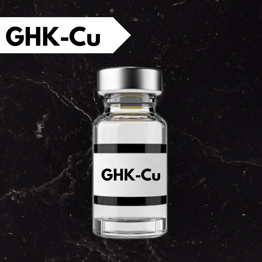 A glass vial labeled 'GHK-Cu' with a silver cap, against a textured green background.