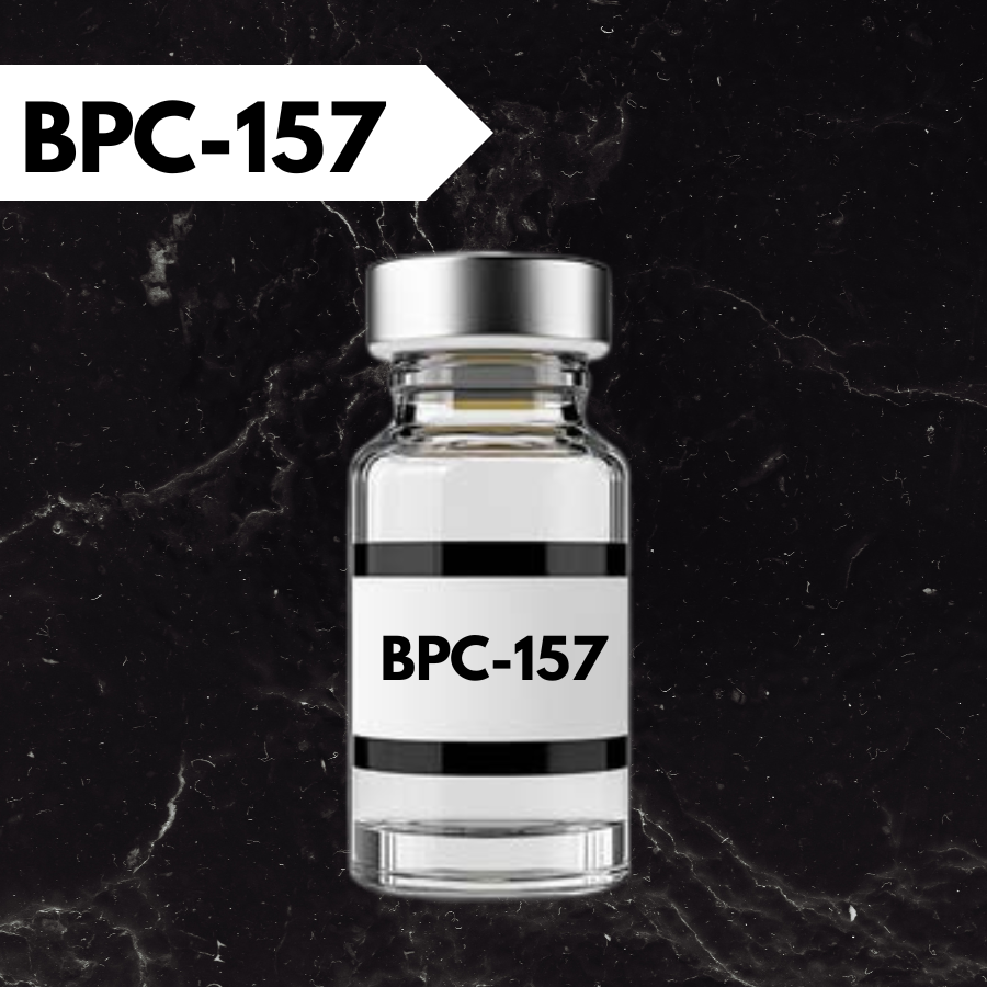 A clear glass vial with a silver cap and a white label with black borders displaying the text 'BPC-157', set against a textured green background.