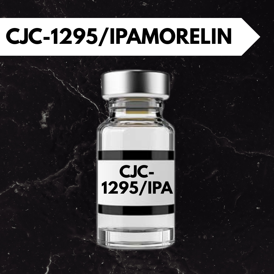 A small glass vial labeled 'CJC-1295/IPA' with a metallic cap against a textured green background.