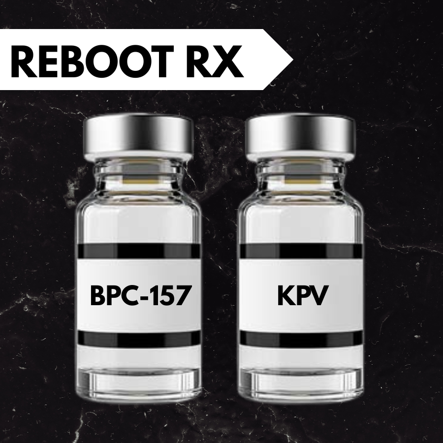 Two small glass bottles with silver caps labeled 'REBOOT RX' at the top left corner. The bottle on the left is labeled 'BPC-157' and the one on the right is labeled 'KPV'. The background is textured green.
