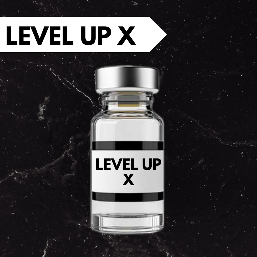 A small glass vial with a silver cap, labeled "LEVEL UP X", set against a textured green background. A black banner at the top left corner repeats the label.