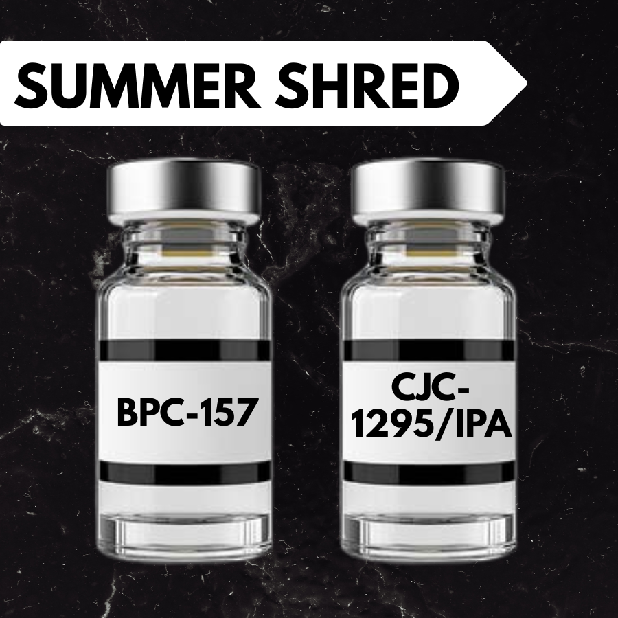 Two small glass vials labeled 'BPC-157' and 'CJC-1295/IPAA', with a green textured background and a black banner stating 'Summer Shred' at the top.