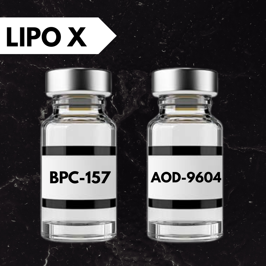 Two small medical vials with silver caps against a green background. Each vial has a label with a code, one labeled 'BPC-157' and the other 'AOD-9604'.