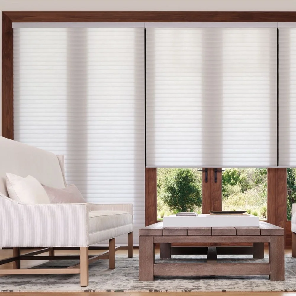 Living room with white blinds covering large windows, beige sofa with pillows, wooden coffee table, and a patterned rug, overlooking greenery outside.