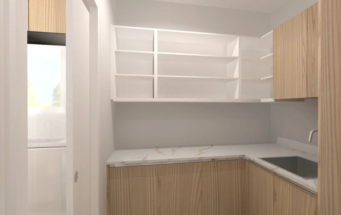 Modern kitchen with white open shelves, light wood cabinets, marble countertop, and stainless steel sink.