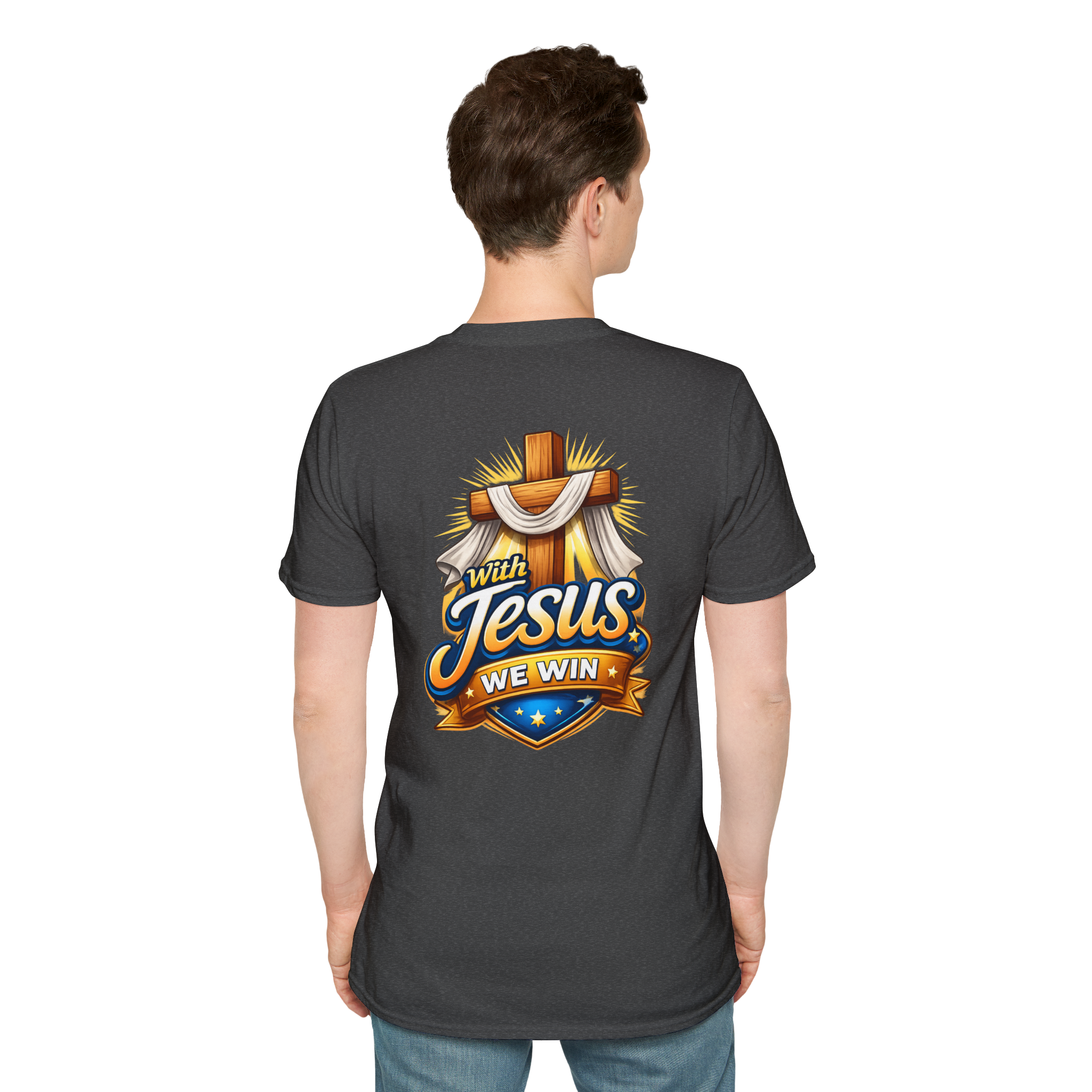 A T-shirt with a logo and the words "With Jesus, We Win"