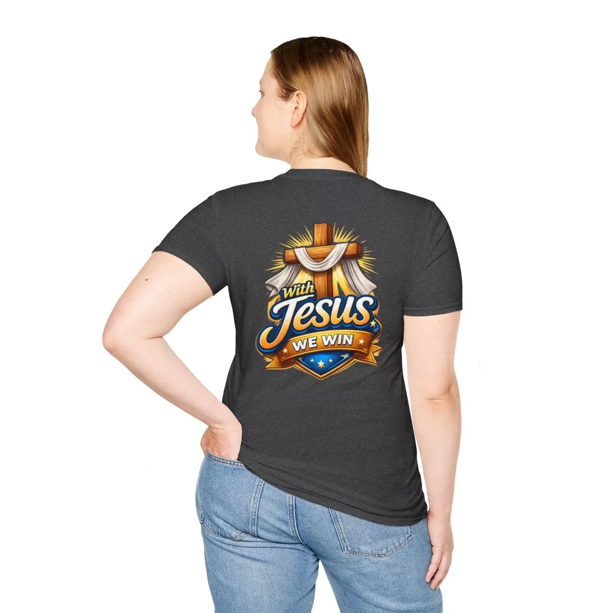 A T-shirt with a logo and the words "With Jesus, We Win"