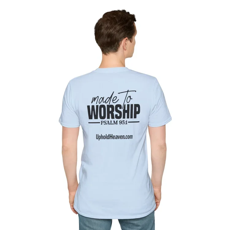 A T-shirt with a logo and the words "Made to Worship"