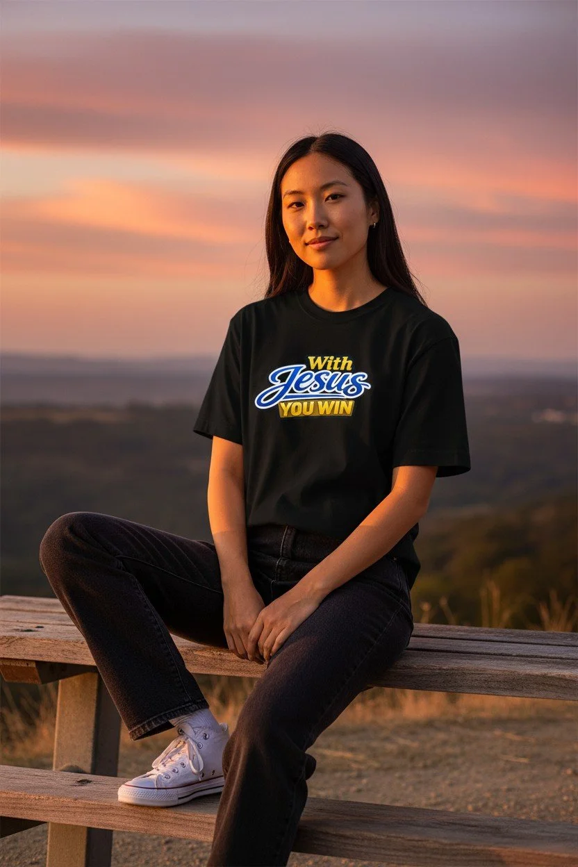 A T-shirt with a logo and the words With Jesus You Win