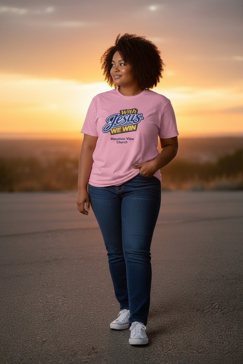 A T-shirt with a logo and the words "With Jesus We Win"