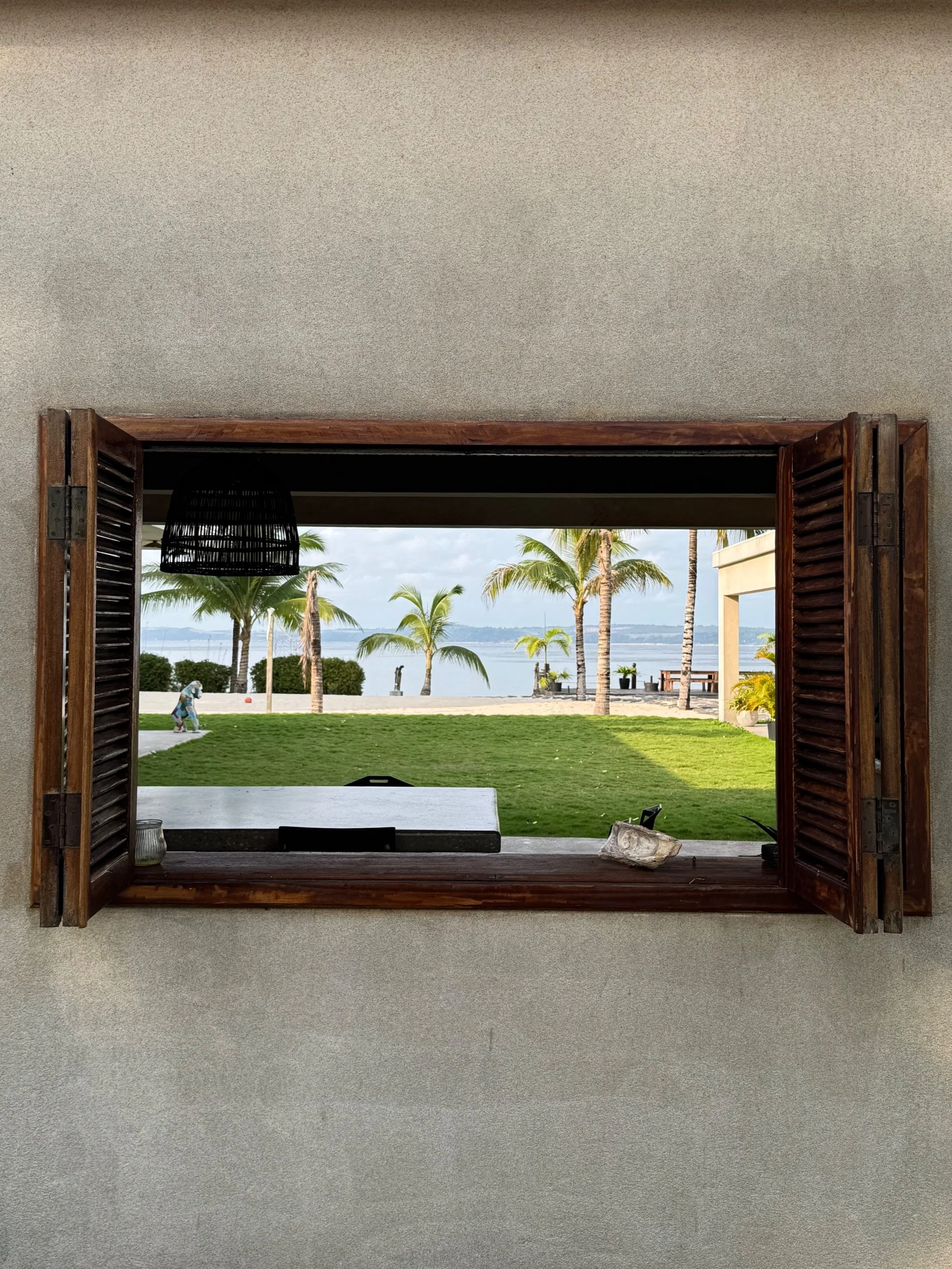 View through an open wooden window showing a grassy outdoor area with palm trees, a body of water, and a partly cloudy sky.