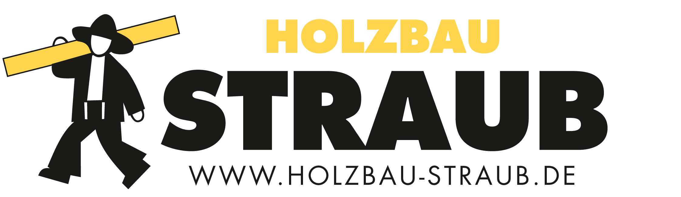 Logo für Holzbau Straub mit einem stilisierten Handwerker mit einem Balken auf den Schultern, der Name und die Webseite des Unternehmens.