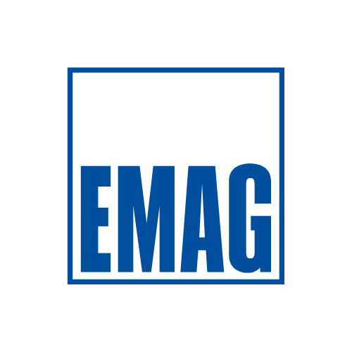 Logo mit dem Text 'EMAG' in blauer Schrift innerhalb eines blauen Rahmens auf schwarzem Hintergrund.
