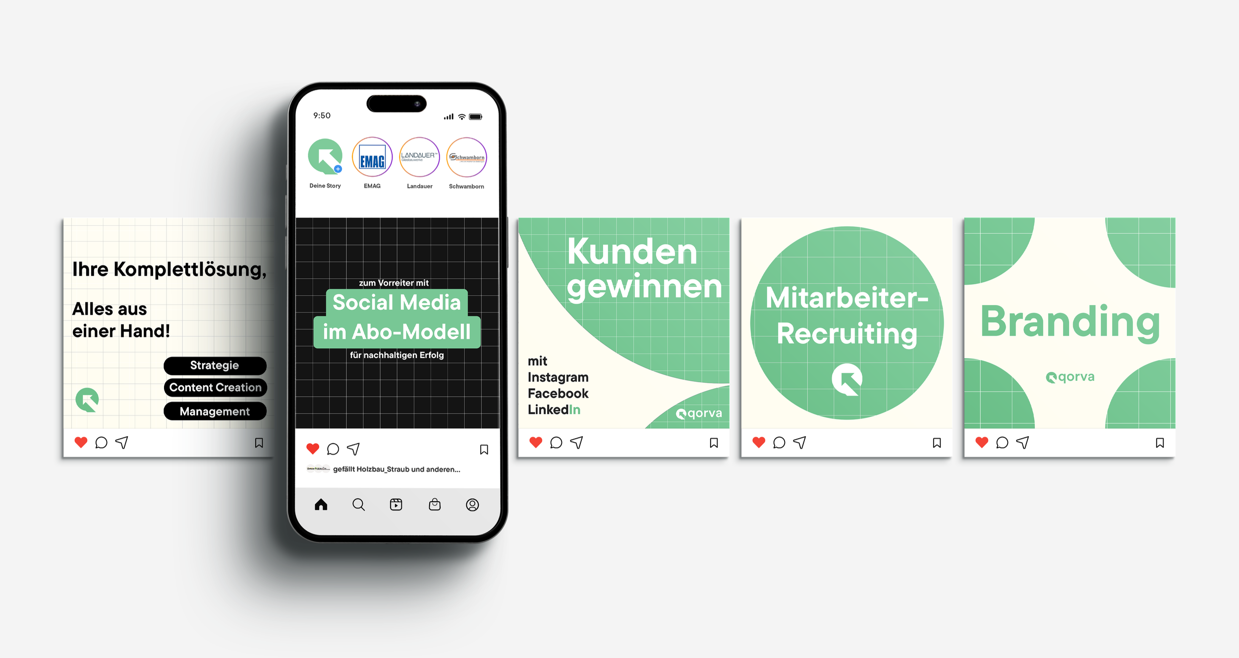 Instagram-Post mit fünf grafischen Folien und einem Smartphone in der Mitte, das den Post zeigt. Die Folien enthalten Texte zu Marketingthemen wie Social Media, Kunden gewinnen, Mitarbeiter-Recruiting und Branding, in Grün, Schwarz und Weiß gestaltet.