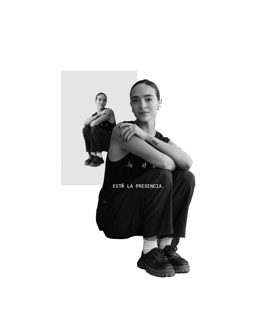 Black and white photo of a young woman squatting, with two smaller images of her sitting in the same pose superimposed on her back. The text 'ESTÁ LA PRESENCIA.' is written across the image.