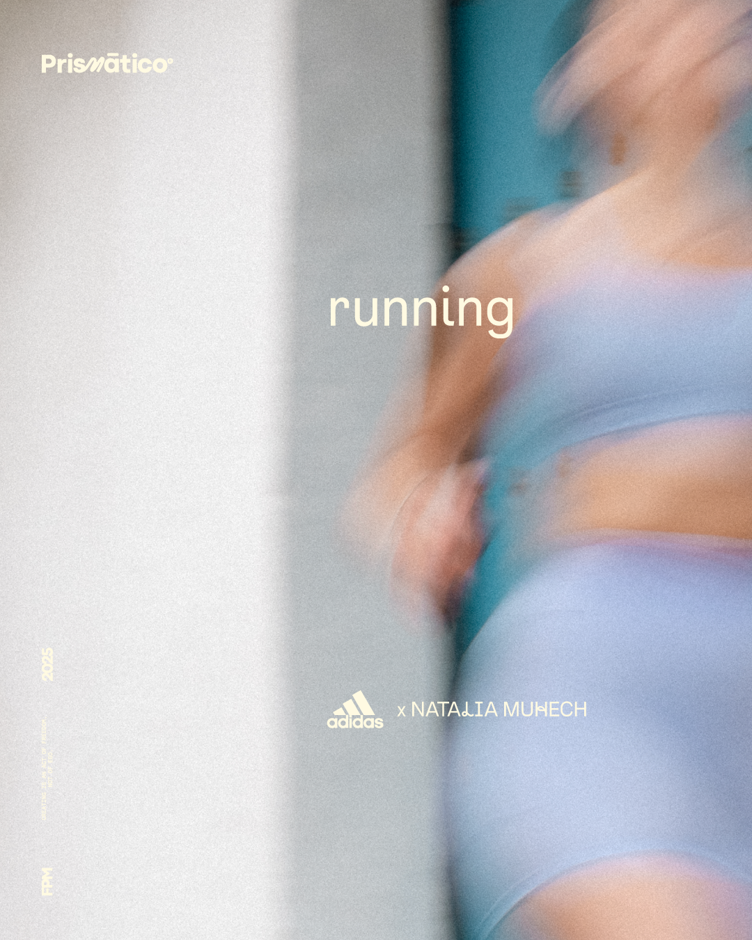 A woman running in workout clothes in a gym or fitness studio, with the text 'Prismático running' and logos for Adidas and Natalia Muhech.