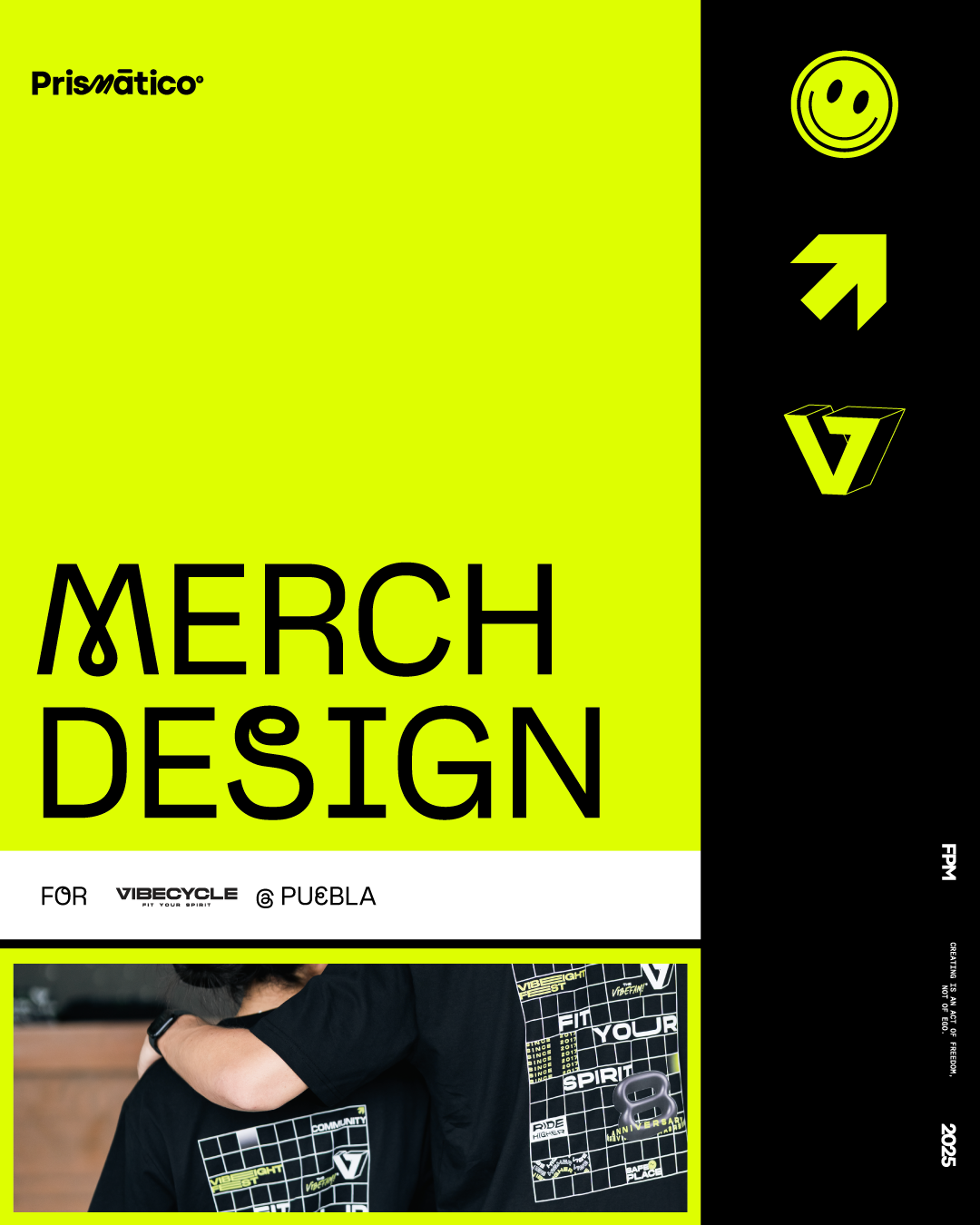 Cover of a merchandise design catalog featuring black and lime green colors, with icons including a happy face, an arrow, and a box, and a photo of two people hugging wearing T-shirts with digital graphic designs.