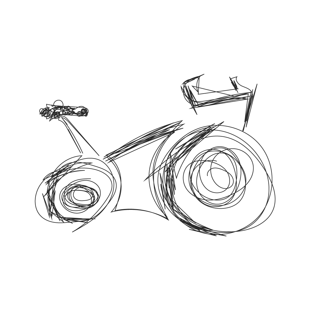 Sketch of a bicycle with a basket on the rear and handlebars in a rough, scribble style.