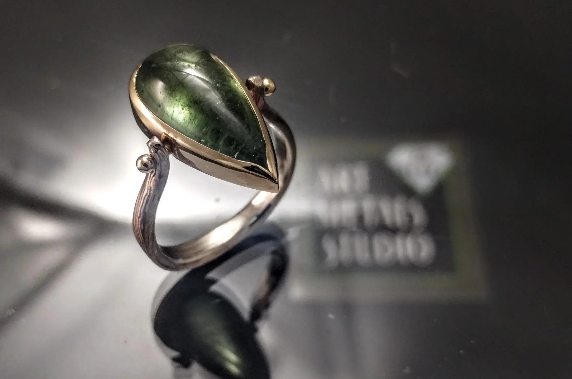 Mokume Gane Green Tourmaline Swivel Top Ring/Pendant