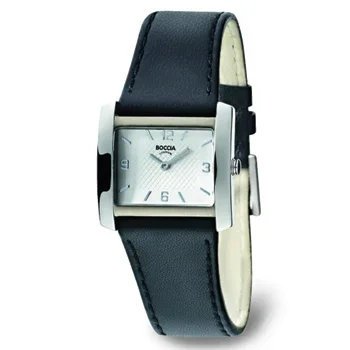 A wristwatch with a square face, silver frame, white dial, black leather strap, and silver hands.