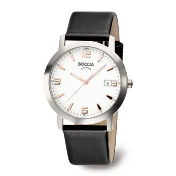 A wristwatch with a round silver bezel, white dial, black leather strap, and orange accents on the hour markers and hands.
