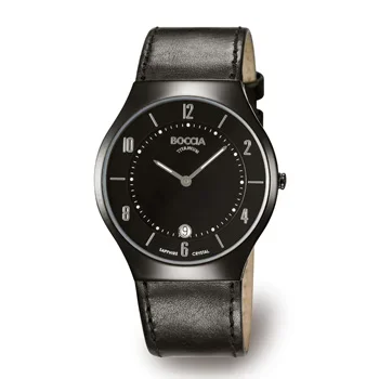 Black wristwatch with leather strap and round face, displaying the time as 10:09.