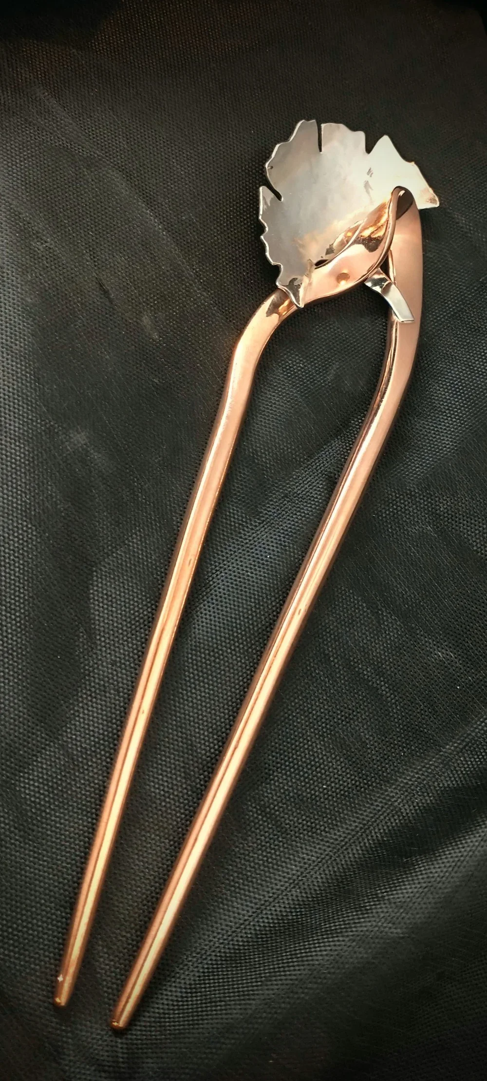 Copper and Sterling Large Ginkgo Hairpin
