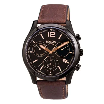Boccia men's wristwatch with a black dial, multiple subdials, and a brown leather strap.